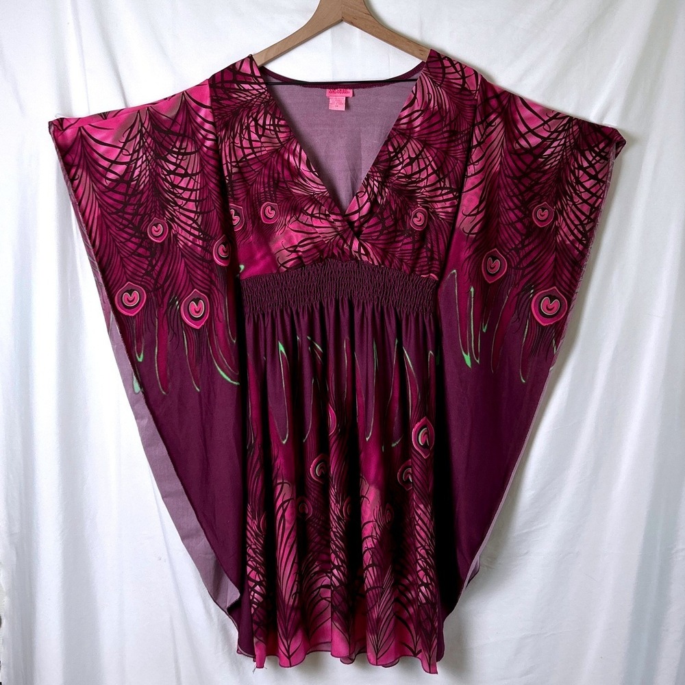 She Scool Womens Peacock Butterfly Sleeve Tunic Purple Magenta Size 1X Boho